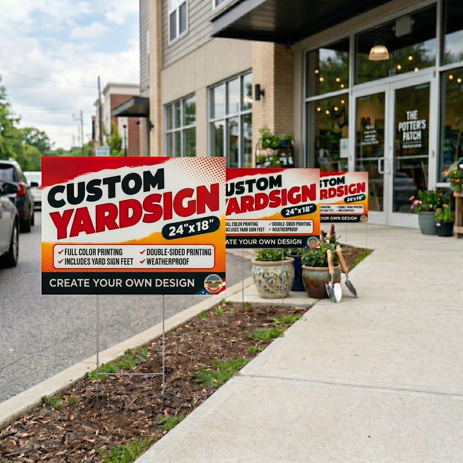 Custom yard signs with stakes outside a local business storefront, featuring 24x18 double-sided weatherproof signs for advertising, promotions, and customer visibility.
