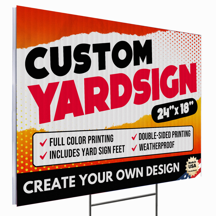 Product mockup of custom yard signs, 4x18 yard sign with a metal stand, isolated on a white background.