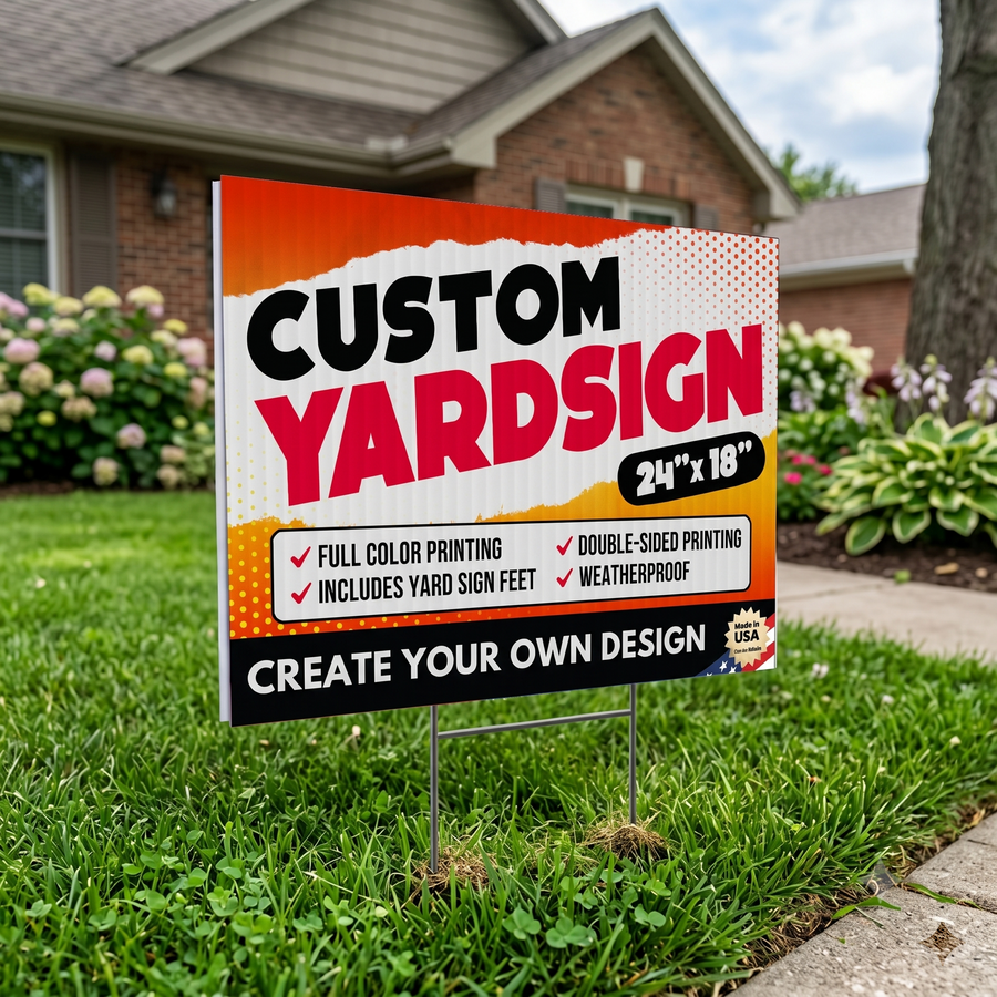 A 24x18 custom yard signs pushed into a green grass lawn next to a concrete walkway in front of a house.