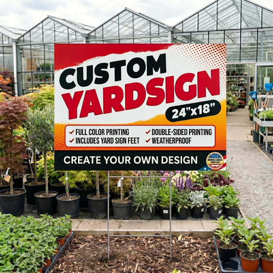 A 24x18 inch custom yard signs on a metal H-stake displayed inside a commercial greenhouse nursery surrounded by potted plants.