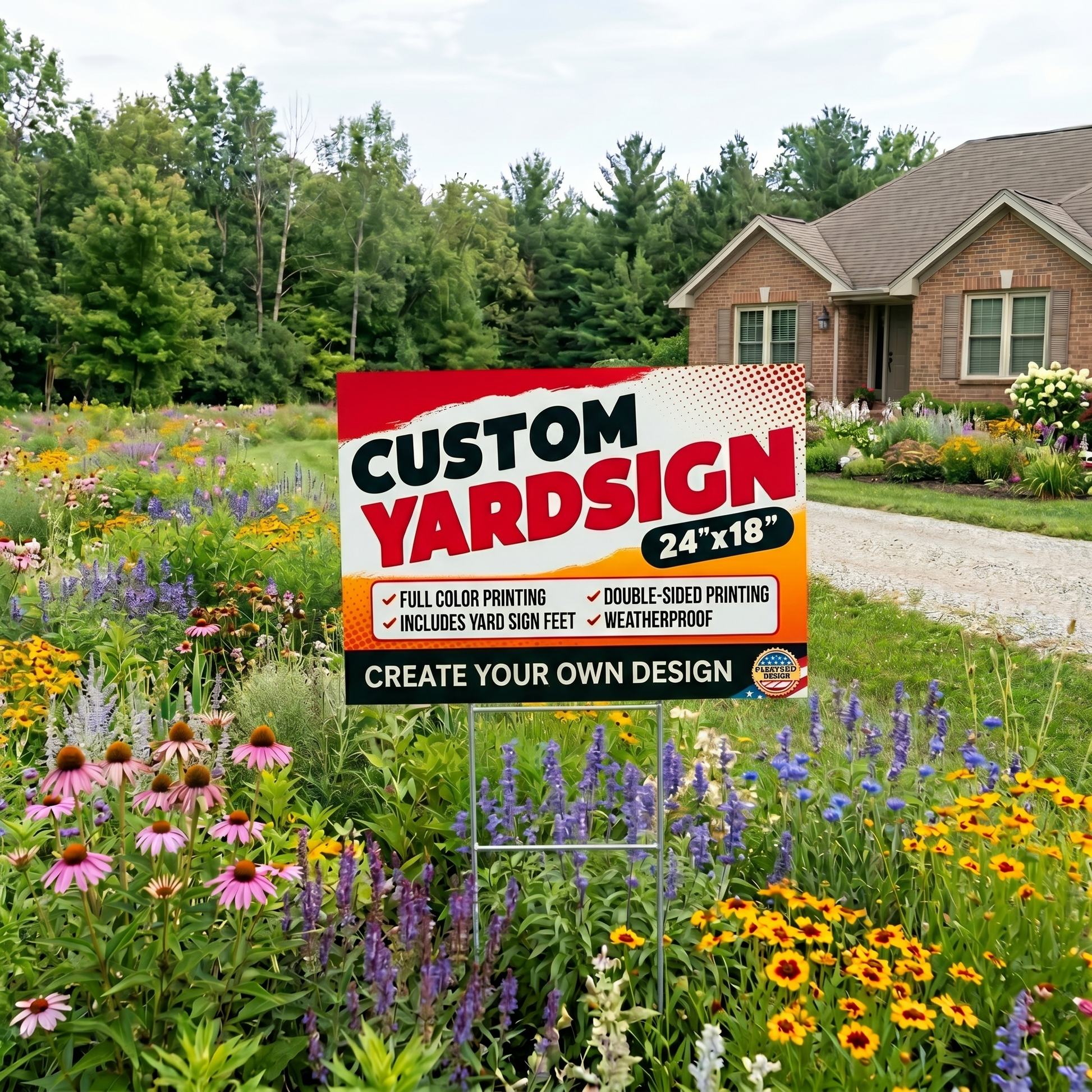 A 24x18 inch custom yard signs on a metal H-stake displayed in a vibrant, blooming wildflower garden in front of a brick suburban home.